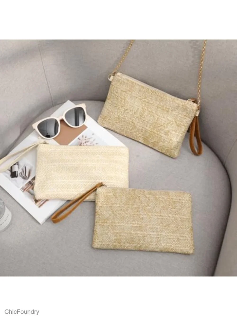 Straw Clutch Purse with Chain Strap Wristlet Bohemian Handbag Beach Summer